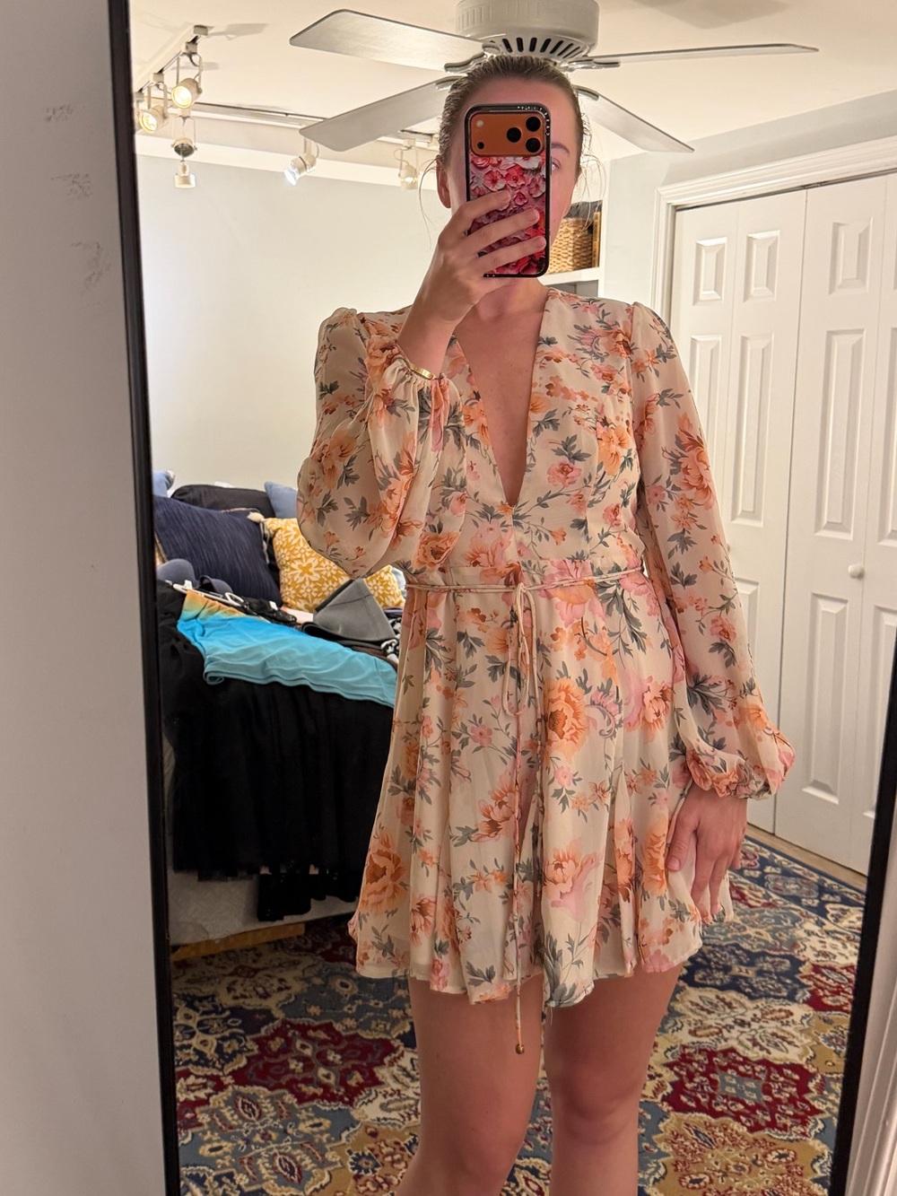 Hello Molly Peach Floral V-Neck Long Sleeve Mini Dress